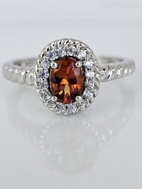 Genuine Mandarin Spessartite Garnet & White Zircon Ring Sterling Silver Size 10!